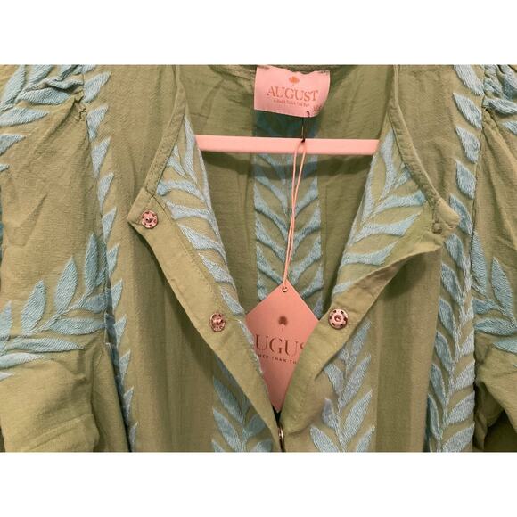 AUGUST RESORTWEAR ZAKAR GREEN LAUREL LEAF BALLOON SLEEVE MAXI DRESS SZ XS/S $240 - Picture 2 of 11